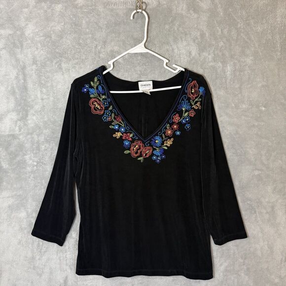 Chico's Tops - Chicos Travelers Womens 3 Black XL Floral Embroidered 3/4 Sleeve Stretch Top